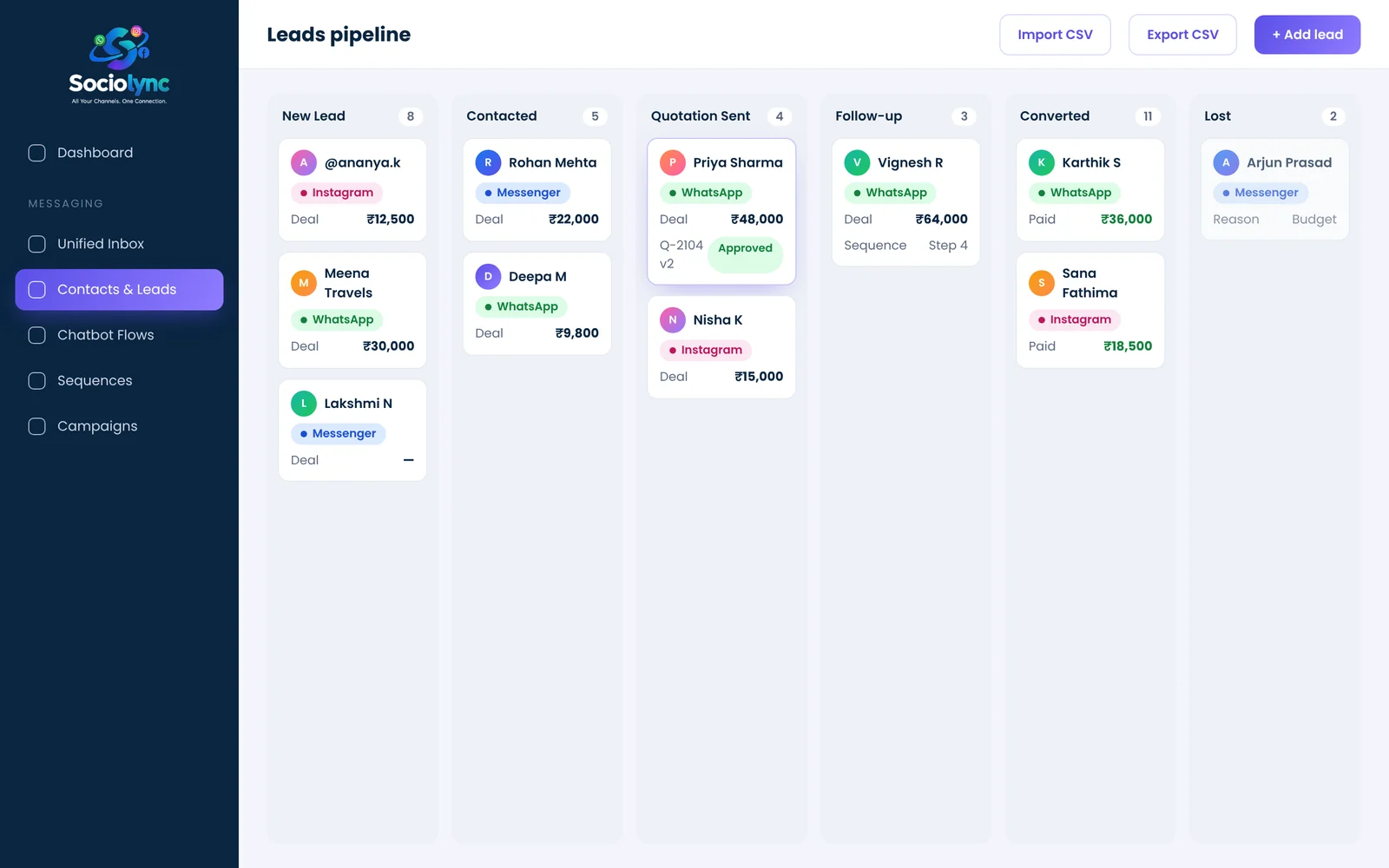 Leads & CRM screen in Sociolync