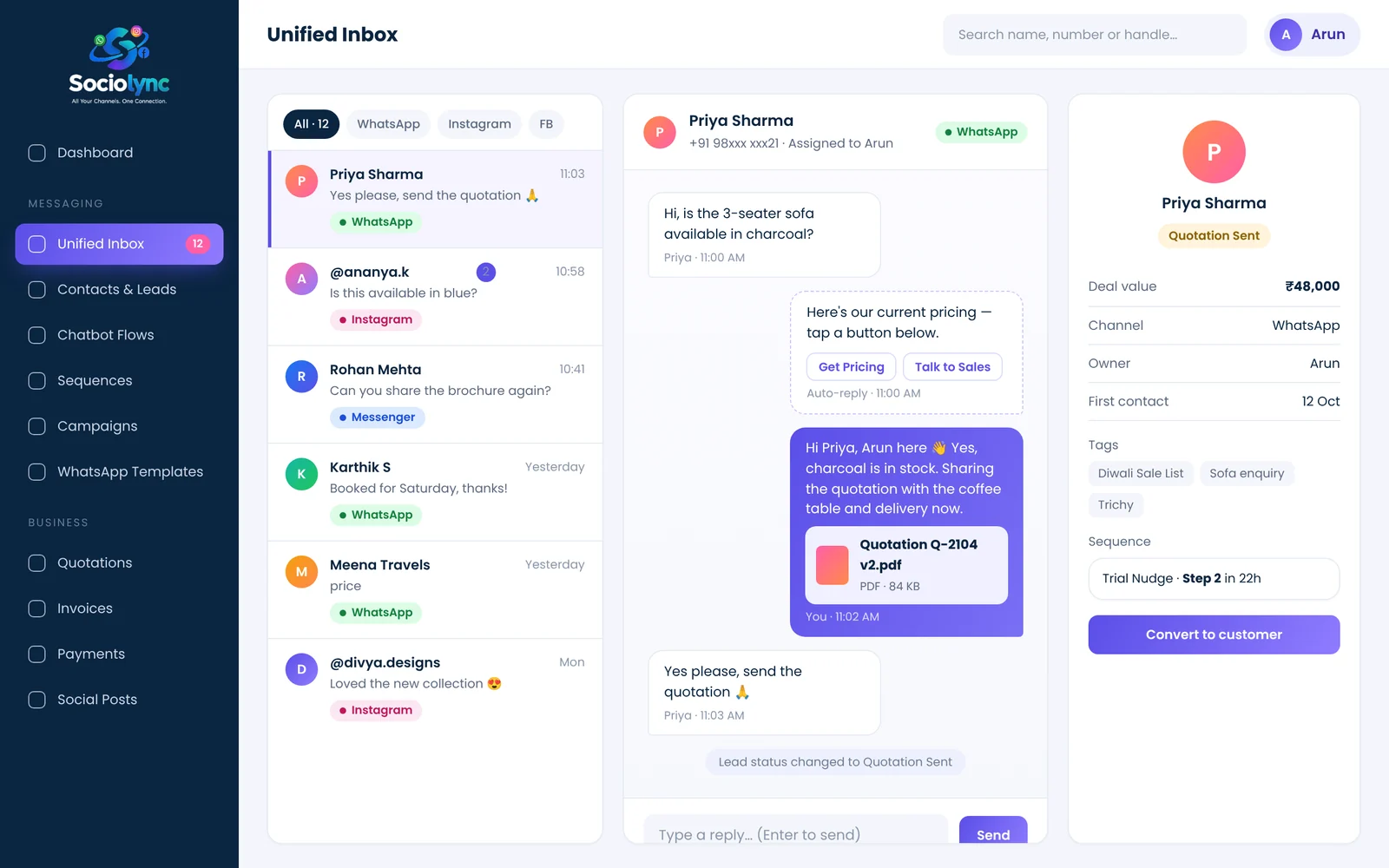 Sociolync unified inbox with WhatsApp, Instagram and Messenger conversations, a chatbot reply and a quotation PDF