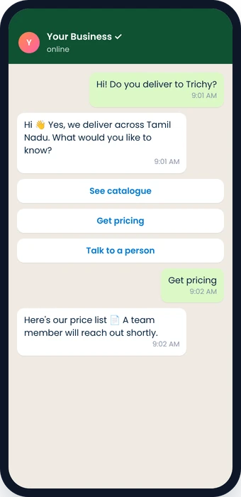 Customer chatting with a business and tapping chatbot buttons on a phone