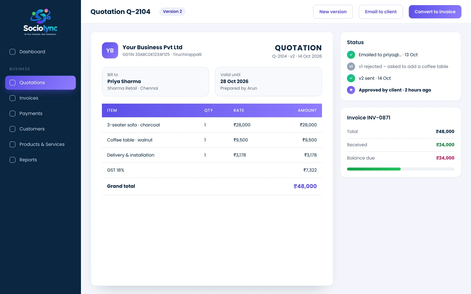 Quotations & Invoicing screen in Sociolync