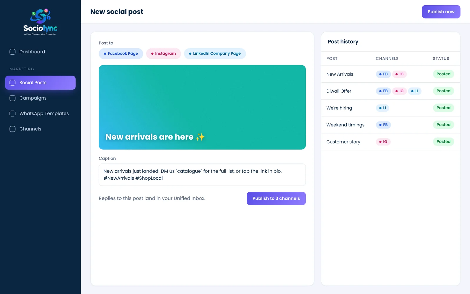 Social Posting screen in Sociolync